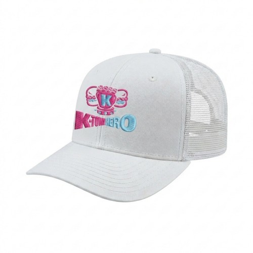 USA-made 6S White Chino baseball cap, decorated view, manufactured in Newark NJ
