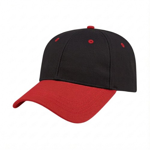USA-made 6L Black-Red Cotton Duck baseball cap, 3q view, manufactured in Newark NJ