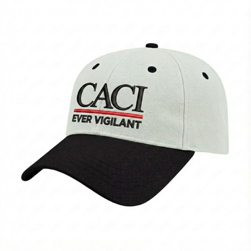 USA-made 6L White-Black Cotton Duck baseball cap, decorated view, manufactured in Newark NJ
