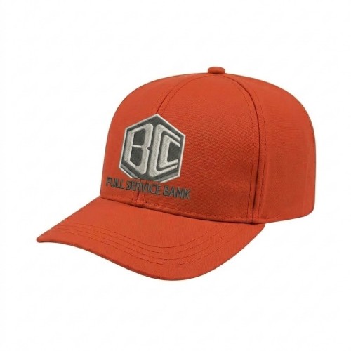 USA-made 6S Orange Cotton Duck baseball cap, decorated view, manufactured in Newark NJ