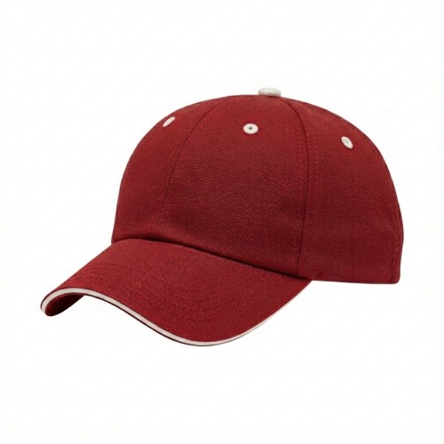 USA-made 6U Red-White Cotton Duck baseball cap, 3q view, manufactured in Newark NJ
