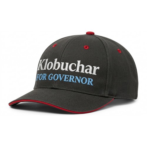 USA-made 6U Black-Red Cotton Duck baseball cap, decorated view, manufactured in Newark NJ