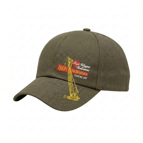 USA-made 6U Khaki Cotton Duck baseball cap, decorated view, manufactured in Newark NJ