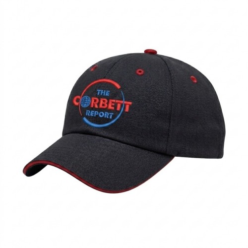 USA-made 6U Black-Red Cotton Duck baseball cap, decorated view, manufactured in Newark NJ