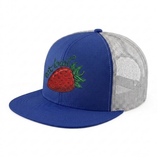 USA-made 6H Royal Blue-Light Gray Polycotton Twill baseball cap, decorated view, manufactured in Newark NJ