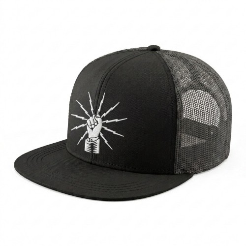 USA-made 6H Black Polycotton Twill baseball cap, decorated view, manufactured in Newark NJ