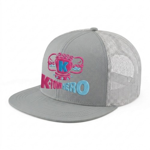 USA-made 6H Light Gray Polycotton Twill baseball cap, decorated view, manufactured in Newark NJ