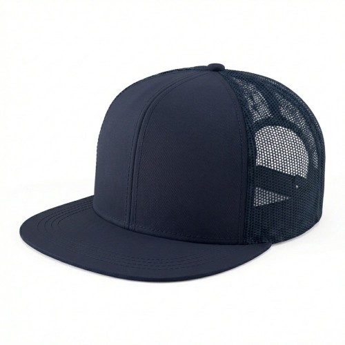 USA-made 6H Navy Polycotton Twill baseball cap, 3q view, manufactured in Newark NJ