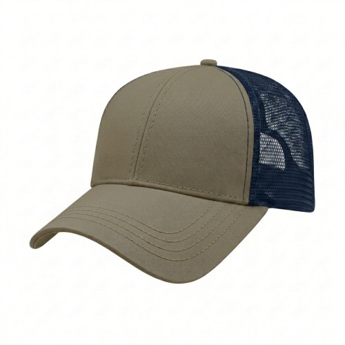 USA-made 6L Khaki-Navy Polycotton Twill baseball cap, 3q view, manufactured in Newark NJ