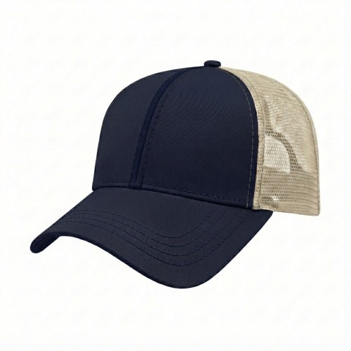 USA-made 6L Navy-Khaki Polycotton Twill baseball cap, 3q view, manufactured in Newark NJ