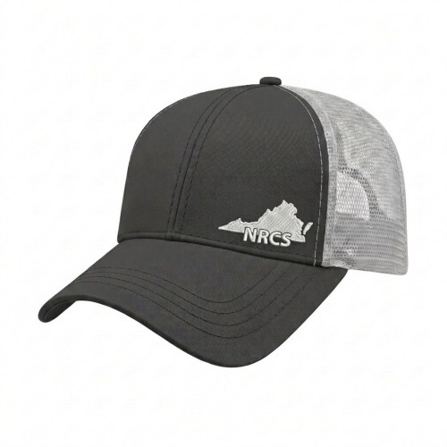 USA-made 6L Dark Gray-White Polycotton Twill baseball cap, decorated view, manufactured in Newark NJ