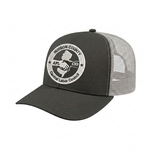 USA-made 6S Dark Gray-White Polycotton Twill baseball cap, decorated view, manufactured in Newark NJ