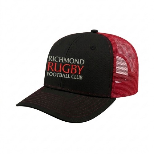 USA-made 6S Black-Red Polycotton Twill baseball cap, decorated view, manufactured in Newark NJ