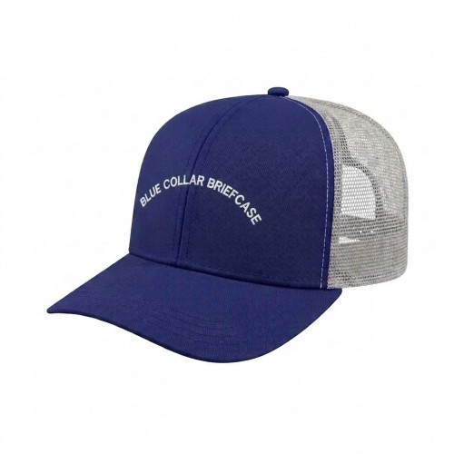 USA-made 6S Royal Blue-White Polycotton Twill baseball cap, decorated view, manufactured in Newark NJ