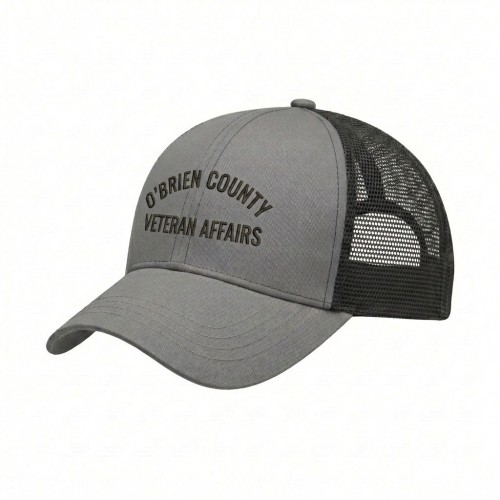 USA-made 6U Light Gray-Black Polycotton Twill baseball cap, decorated view, manufactured in Newark NJ