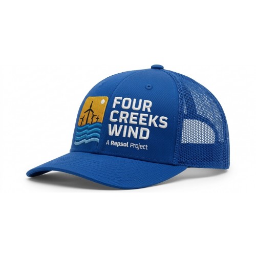 USA-made 6U Royal Blue Polycotton Twill baseball cap, decorated view, manufactured in Newark NJ