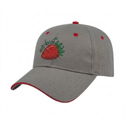 USA-made 6L Light Gray-Red Cotton Spandex baseball cap, decorated view, manufactured in Newark NJ
