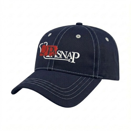 USA-made 6L Navy-White Cotton Spandex baseball cap, decorated view, manufactured in Newark NJ