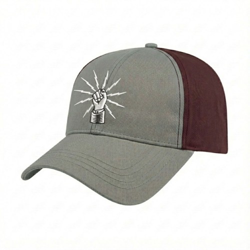 USA-made 6L Light Gray-Burgundy Cotton Spandex baseball cap, decorated view, manufactured in Newark NJ