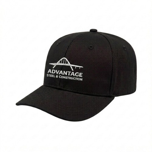 USA-made 6S Black Cotton Spandex baseball cap, decorated view, manufactured in Newark NJ