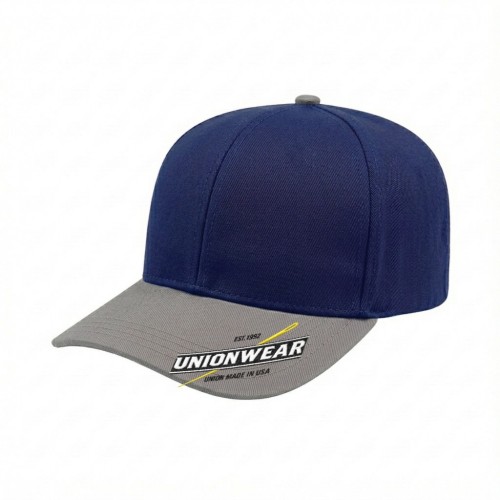 USA-made 6S Royal Blue-Light Gray Cotton Spandex baseball cap, decorated view, manufactured in Newark NJ