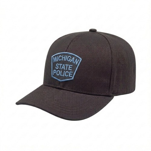 USA-made 6S Dark Gray Cotton Spandex baseball cap, decorated view, manufactured in Newark NJ