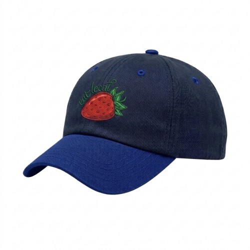 USA-made 6U Navy-Royal Blue Cotton Spandex baseball cap, decorated view, manufactured in Newark NJ