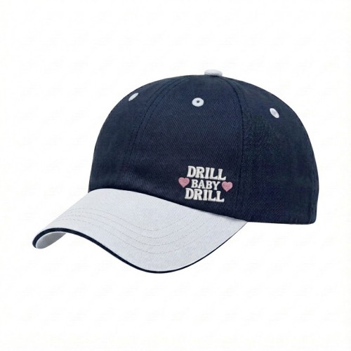 USA-made 6U Navy-White Cotton Spandex baseball cap, decorated view, manufactured in Newark NJ