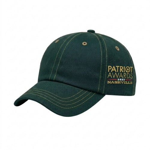 USA-made 6U Hunter Green-Khaki Cotton Spandex baseball cap, decorated view, manufactured in Newark NJ