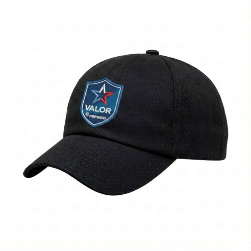 USA-made 6U Black Cotton Spandex baseball cap, decorated view, manufactured in Newark NJ