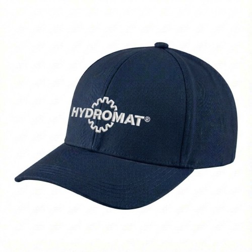 USA-made 6H Navy Polycotton Twill baseball cap, decorated view, manufactured in Newark NJ