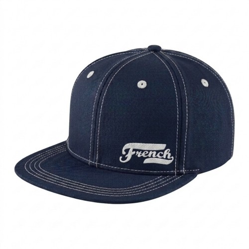 USA-made 6H Navy-White Polycotton Twill baseball cap, decorated view, manufactured in Newark NJ