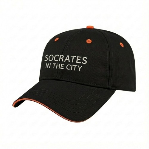USA-made 6L Black-Blaze Orange Polycotton Twill baseball cap, decorated view, manufactured in Newark NJ