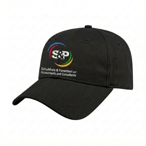 USA-made 6L Black Polycotton Twill baseball cap, decorated view, manufactured in Newark NJ