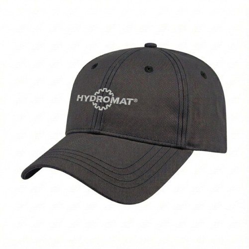 USA-made 6L Dark Gray-Black Polycotton Twill baseball cap, decorated view, manufactured in Newark NJ