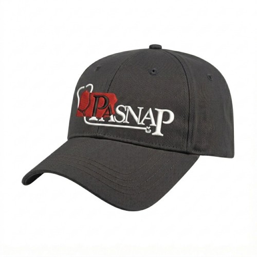 USA-made 6L Dark Gray Polycotton Twill baseball cap, decorated view, manufactured in Newark NJ