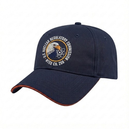 USA-made 6L Navy-Orange Polycotton Twill baseball cap, decorated view, manufactured in Newark NJ