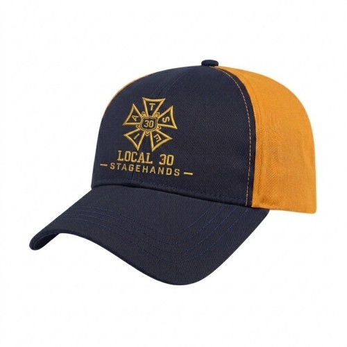 USA-made 6L Navy-Athletic Gold Polycotton Twill baseball cap, decorated view, manufactured in Newark NJ