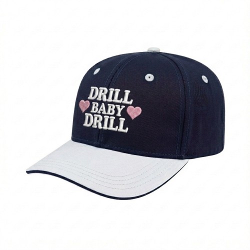 USA-made 6S Navy-White Polycotton Twill baseball cap, decorated view, manufactured in Newark NJ
