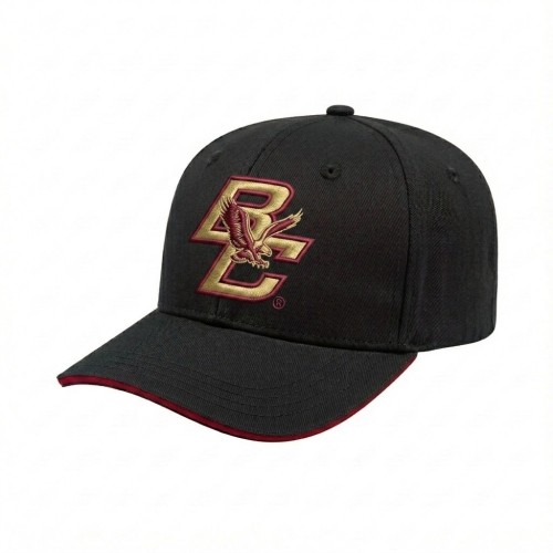 USA-made 6S Black-Red Polycotton Twill baseball cap, decorated view, manufactured in Newark NJ