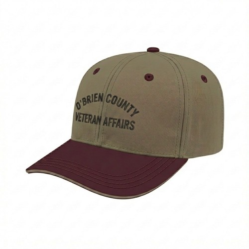 USA-made 6S Khaki-Burgundy Polycotton Twill baseball cap, decorated view, manufactured in Newark NJ