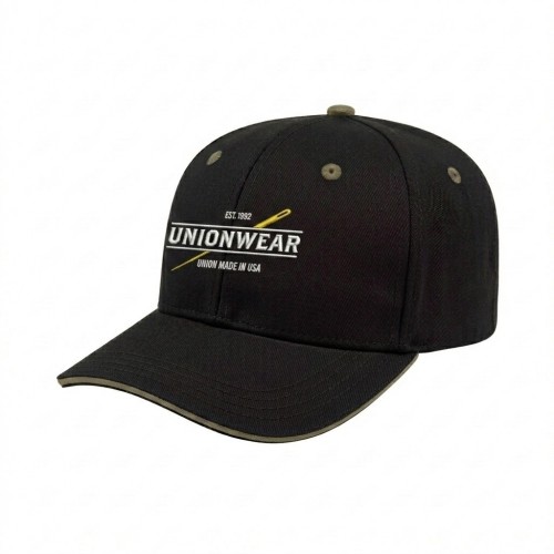 USA-made 6S Black-Khaki Polycotton Twill baseball cap, decorated view, manufactured in Newark NJ