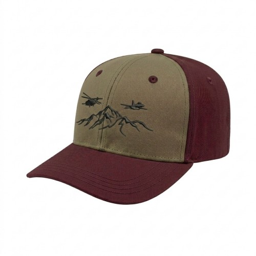 USA-made 6S Khaki-Burgundy Polycotton Twill baseball cap, decorated view, manufactured in Newark NJ