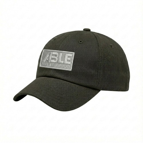 USA-made 6U Olive Polycotton Twill baseball cap, decorated view, manufactured in Newark NJ