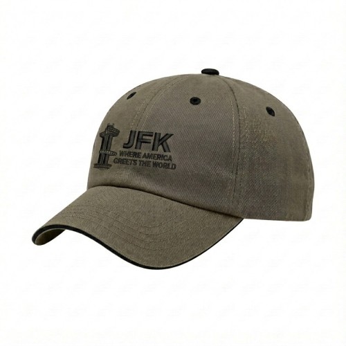 USA-made 6U Khaki-Black Polycotton Twill baseball cap, decorated view, manufactured in Newark NJ