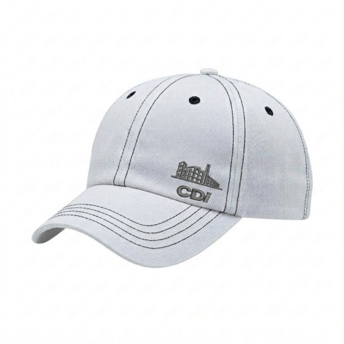 USA-made 6U White-Black Polycotton Twill baseball cap, decorated view, manufactured in Newark NJ