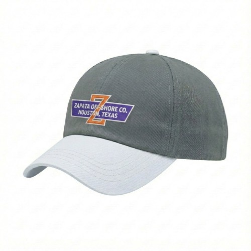 USA-made 6U Light Gray-White Polycotton Twill baseball cap, decorated view, manufactured in Newark NJ