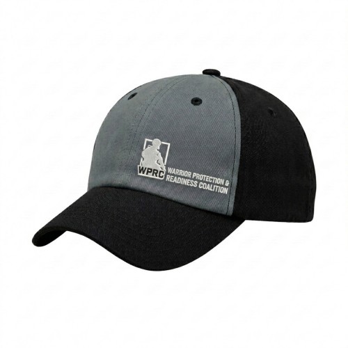 USA-made 6U Light Gray-Black Polycotton Twill baseball cap, decorated view, manufactured in Newark NJ