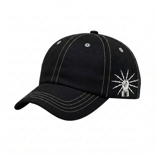 USA-made 6U Black-White Polycotton Twill baseball cap, decorated view, manufactured in Newark NJ