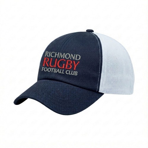 USA-made 6U Navy-White Polycotton Twill baseball cap, decorated view, manufactured in Newark NJ